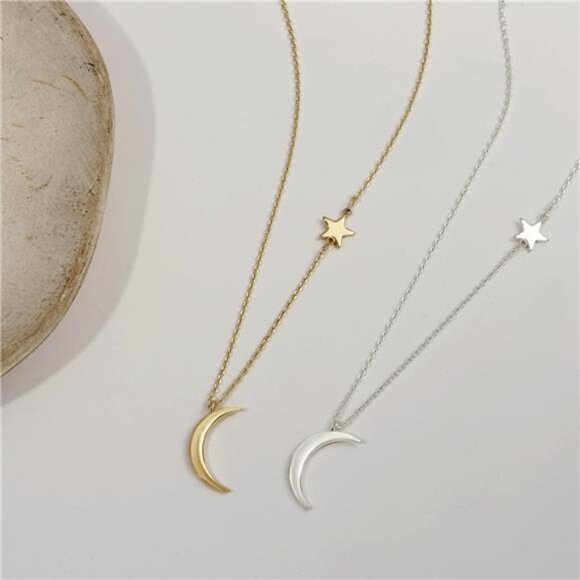 Gold Star & Moon Necklace | 14K Gold Plated Dainty Pendant - Picture 3 of 4